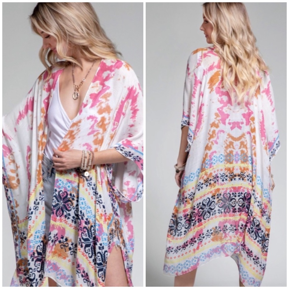 SOLD OUT Colorful Tie Dye Bohemian Ethnic Border Motif Kimono Wrap Coverup Open - Picture 1 of 5